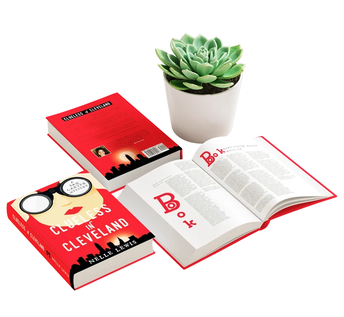 Two red book mock-ups beside a potted succulent