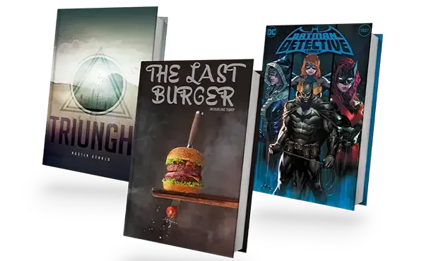 Three book mock-ups including The Last Burger